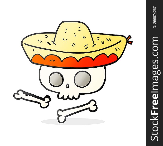 freehand drawn cartoon skull in mexican hat