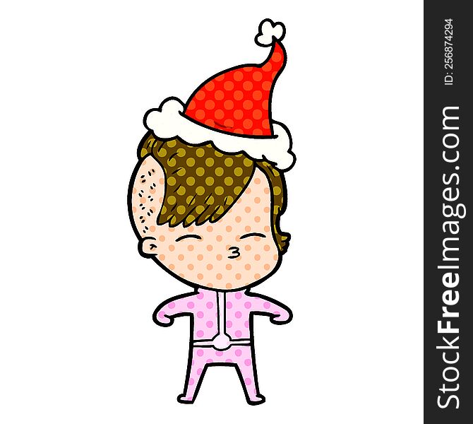 Comic Book Style Illustration Of A Girl Wearing Futuristic Clothes Wearing Santa Hat