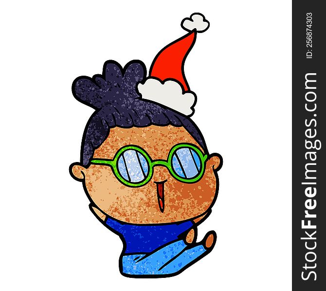 hand drawn textured cartoon of a woman wearing spectacles wearing santa hat