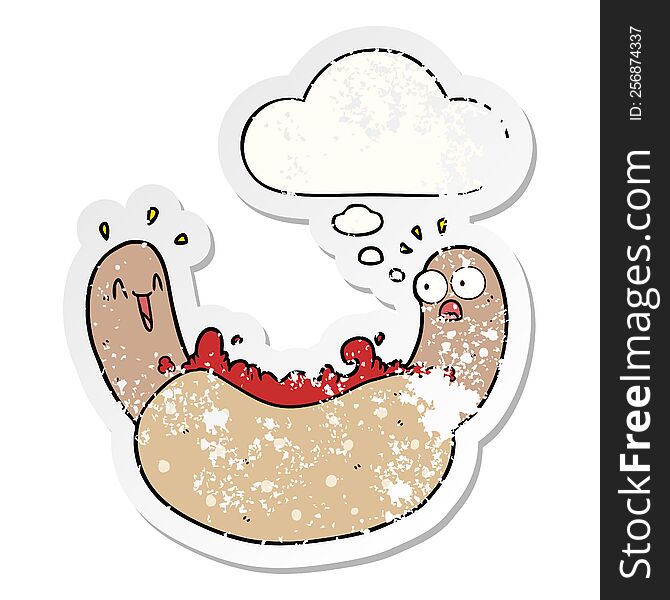 Cartoon Hotdog And Thought Bubble As A Distressed Worn Sticker