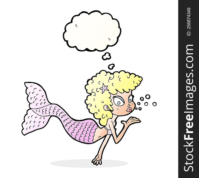 cartoon mermaid blowing kiss with thought bubble