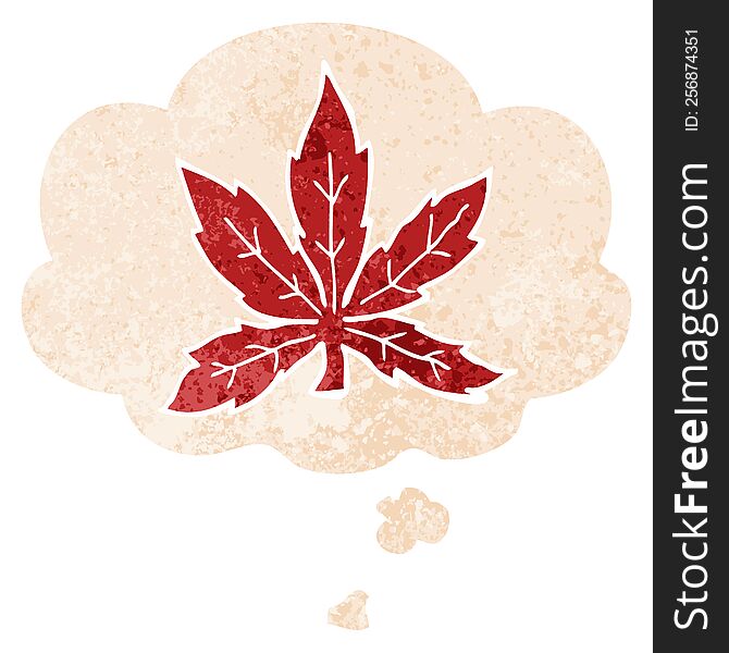 cartoon marijuana leaf and thought bubble in retro textured style