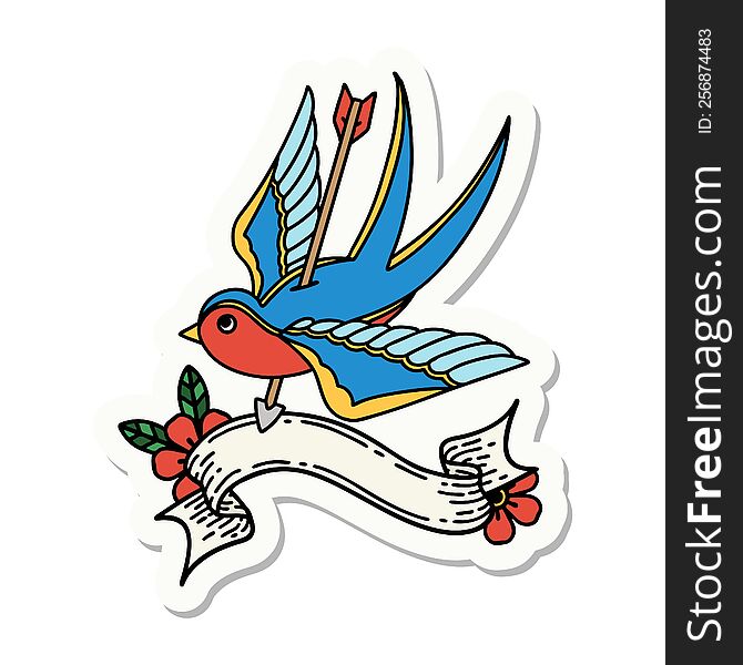 tattoo style sticker with banner of a swallow pierced by arrow
