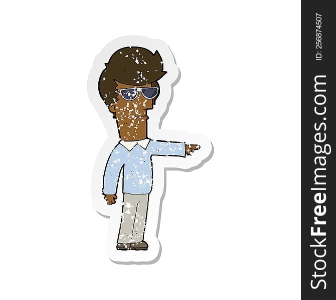 retro distressed sticker of a cartoon man in glasses pointing