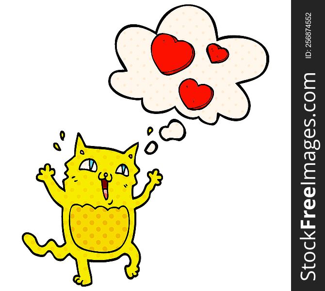 cartoon cat crazy in love with thought bubble in comic book style