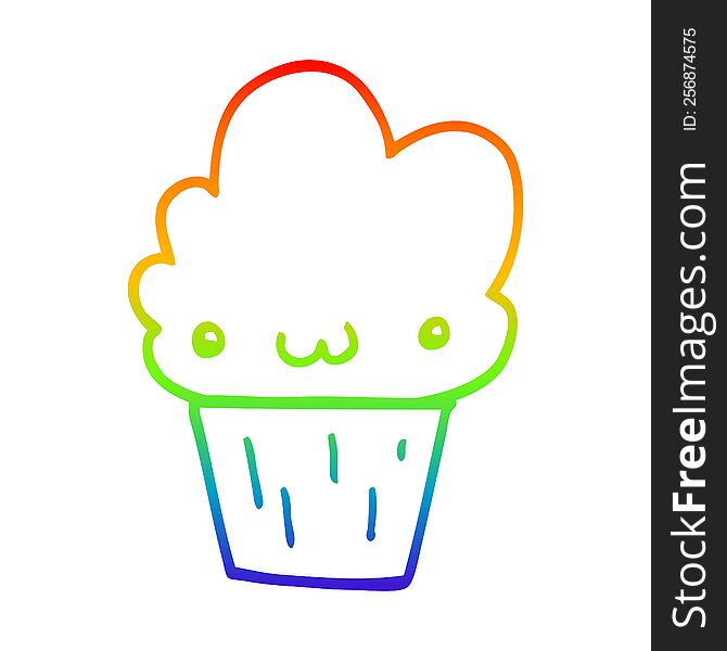 Rainbow Gradient Line Drawing Cartoon Cupcake With Face