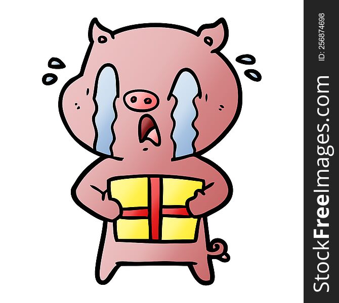 crying pig cartoon delivering christmas present. crying pig cartoon delivering christmas present