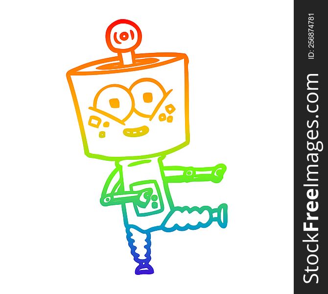 rainbow gradient line drawing of a happy cartoon robot dancing