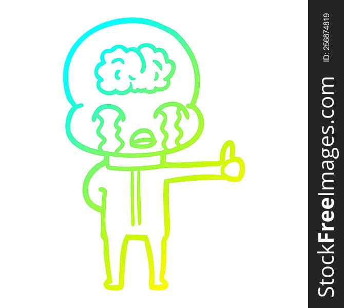 cold gradient line drawing of a cartoon big brain alien crying but giving thumbs up symbol