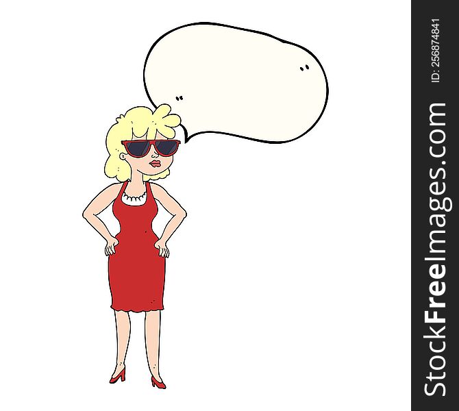 freehand drawn speech bubble cartoon woman wearing sunglasses