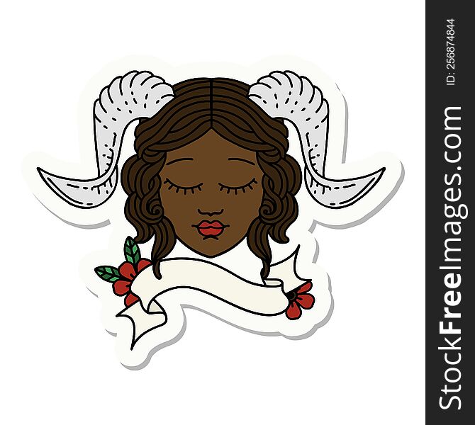 sticker of a tiefling character face with scroll banner. sticker of a tiefling character face with scroll banner