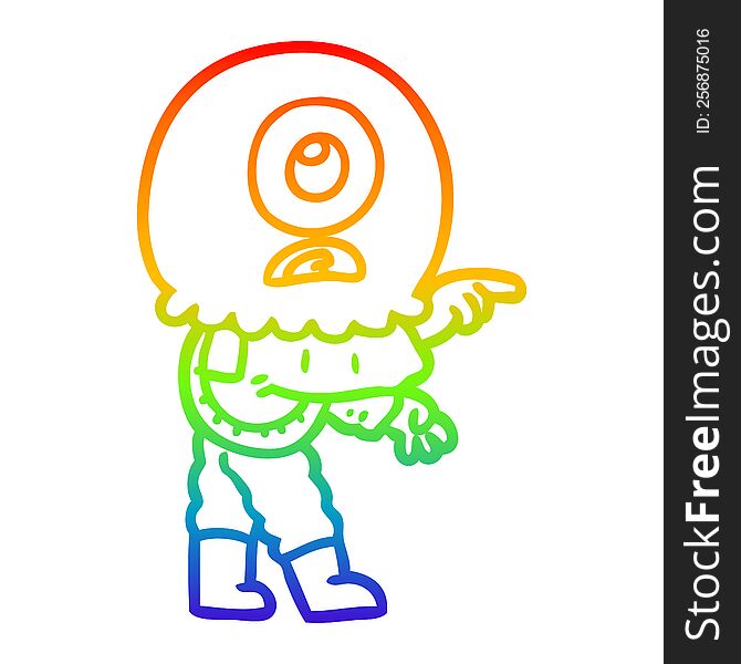 rainbow gradient line drawing cartoon cyclops alien spaceman pointing