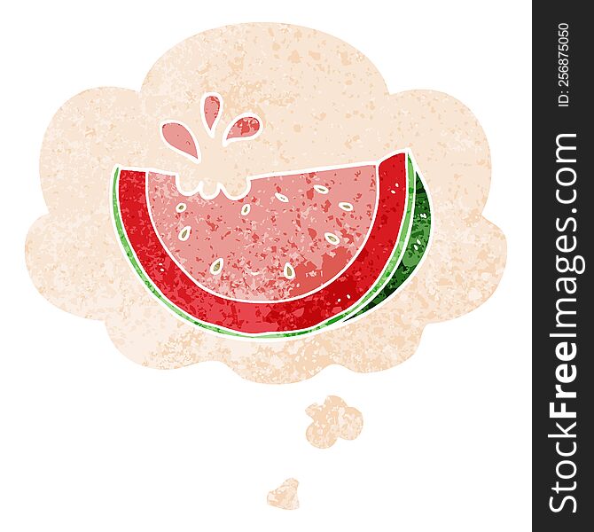 cartoon watermelon with thought bubble in grunge distressed retro textured style. cartoon watermelon with thought bubble in grunge distressed retro textured style