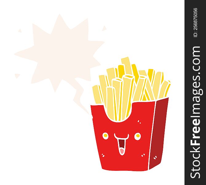 cute cartoon box of fries with speech bubble in retro style