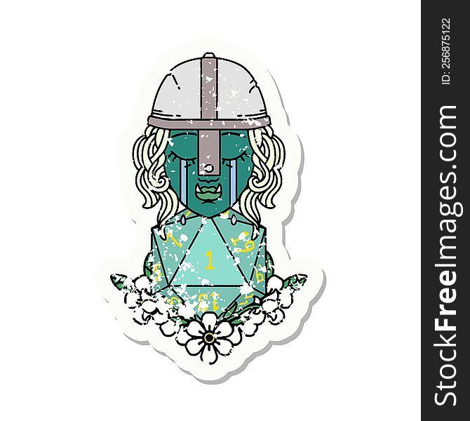 Crying Orc Fighter Character With Natural One D20 Roll Illustration