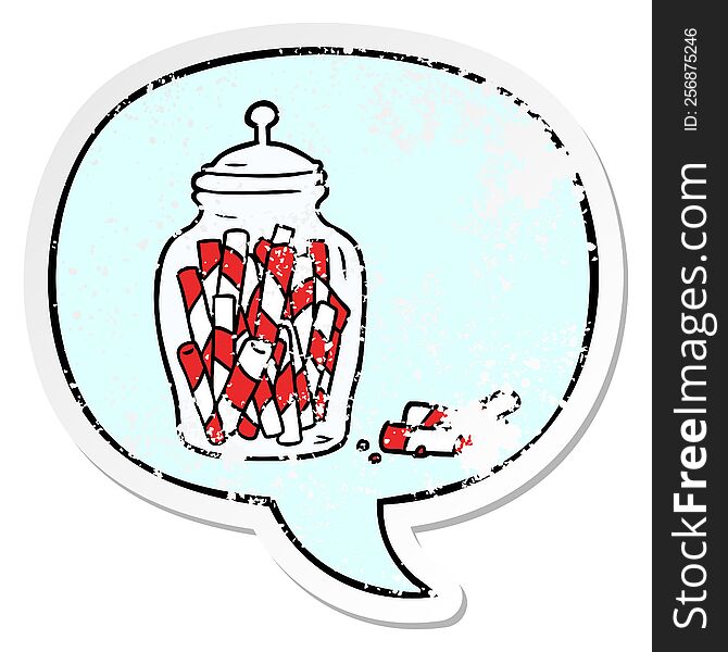 Cartoon Traditional Candy Sticks In Jar And Speech Bubble Distressed Sticker