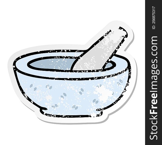 distressed sticker of a quirky hand drawn cartoon pestle and mortar
