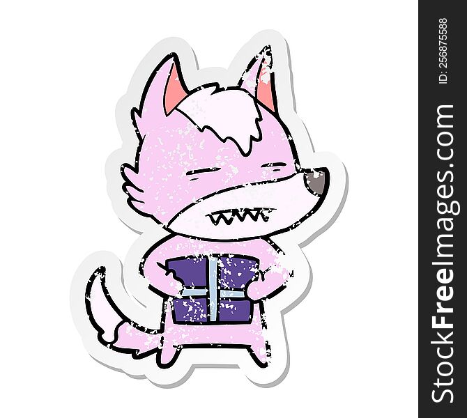 distressed sticker of a cartoon wolf with a gift