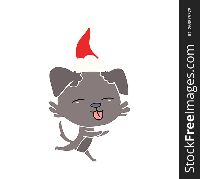 hand drawn flat color illustration of a dog sticking out tongue wearing santa hat