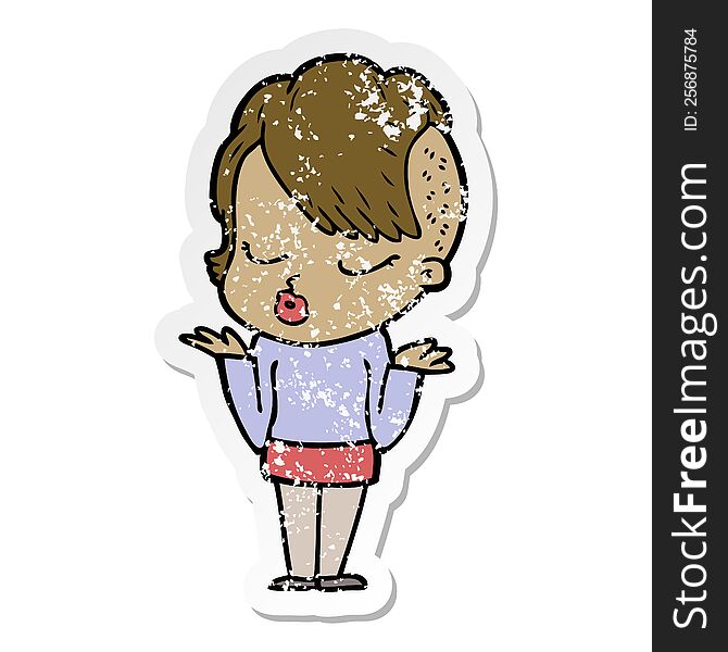 Distressed Sticker Of A Cartoon Pretty Hipster Girl