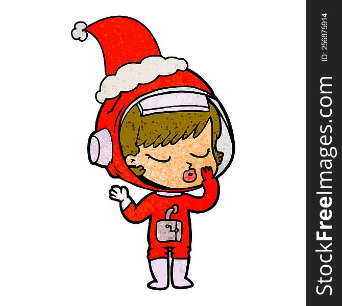 hand drawn textured cartoon of a pretty astronaut girl wearing santa hat