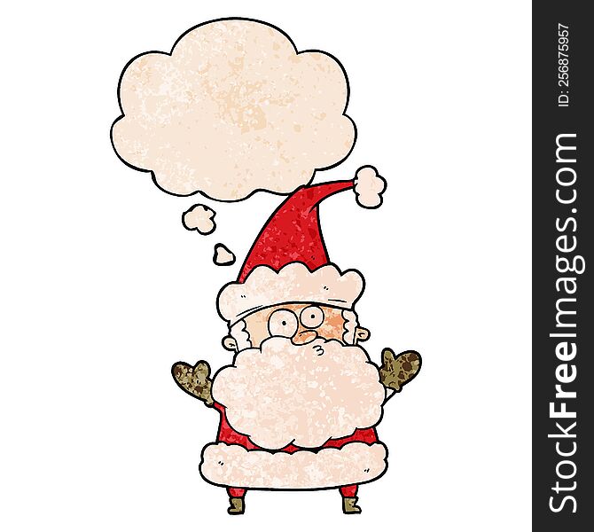 Cartoon Confused Santa Claus And Thought Bubble In Grunge Texture Pattern Style