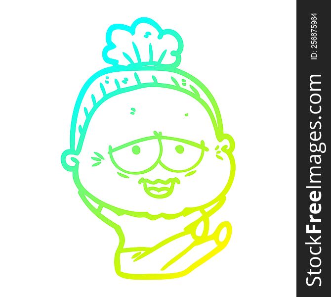 cold gradient line drawing of a cartoon happy old lady