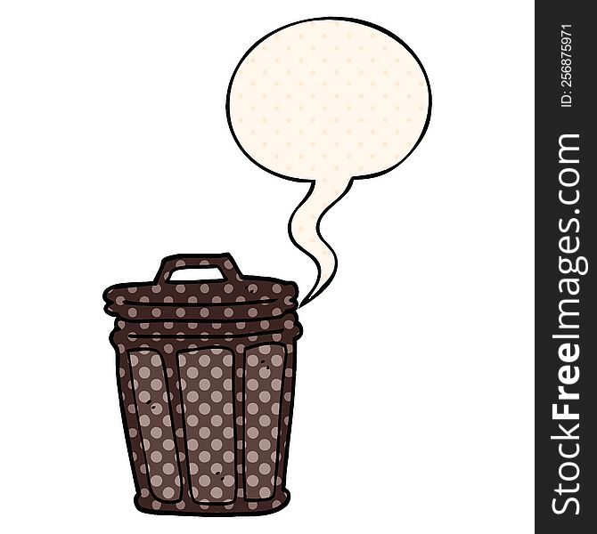 cartoon trash can and speech bubble in comic book style