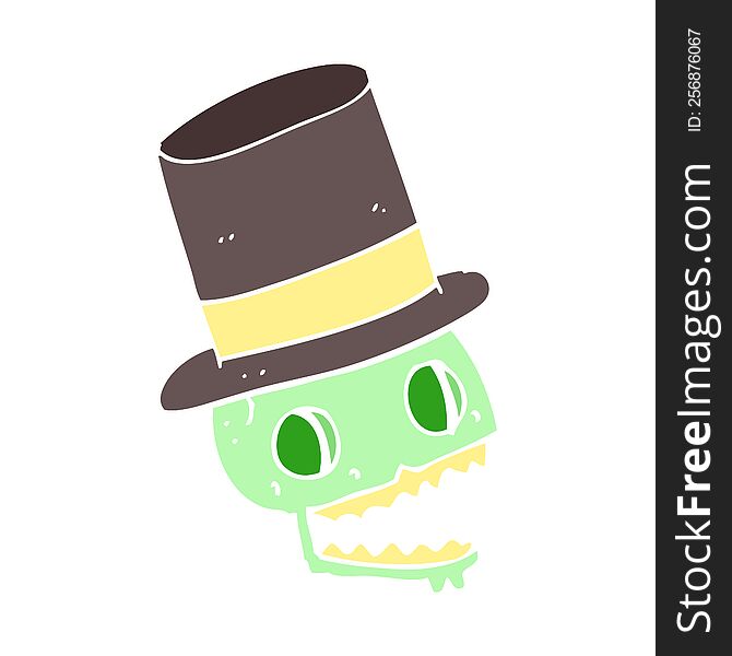 Flat Color Illustration Of A Cartoon Laughing Skull In Top Hat