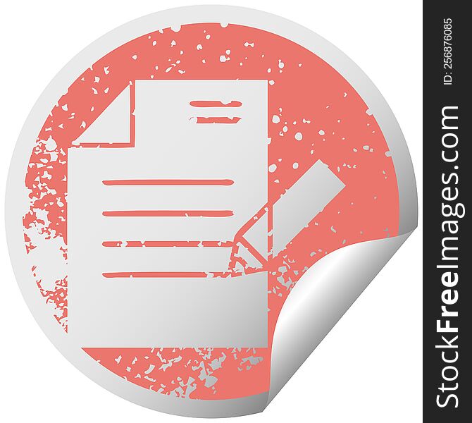 Distressed Circular Peeling Sticker Symbol Of Writing A Document