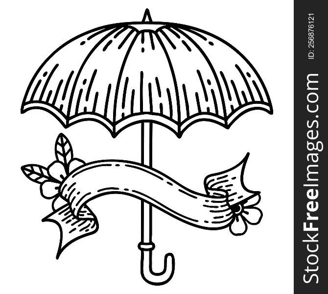 traditional black linework tattoo with banner of an umbrella