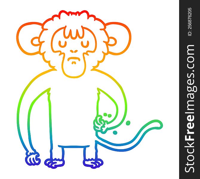 rainbow gradient line drawing of a cartoon monkey scratching
