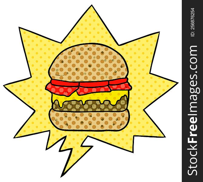 cartoon stacked burger with speech bubble in comic book style