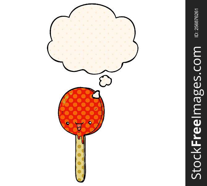 cartoon candy lollipop with thought bubble in comic book style