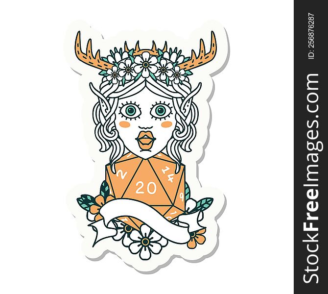 sticker of a elf druid with natural twenty dice roll. sticker of a elf druid with natural twenty dice roll