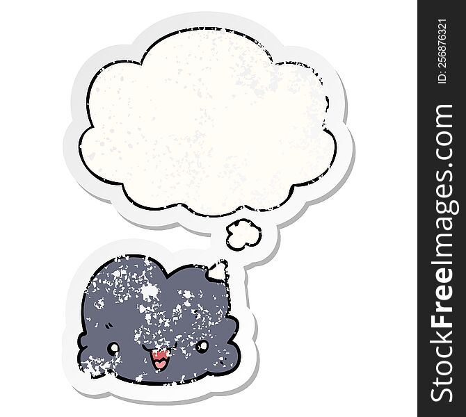 cartoon tiny happy cloud with thought bubble as a distressed worn sticker