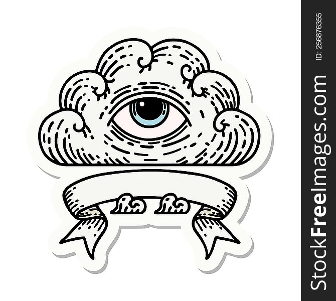 tattoo style sticker with banner of an all seeing eye cloud