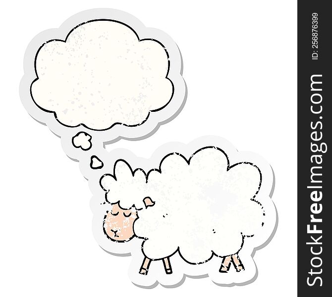 cartoon sheep with thought bubble as a distressed worn sticker