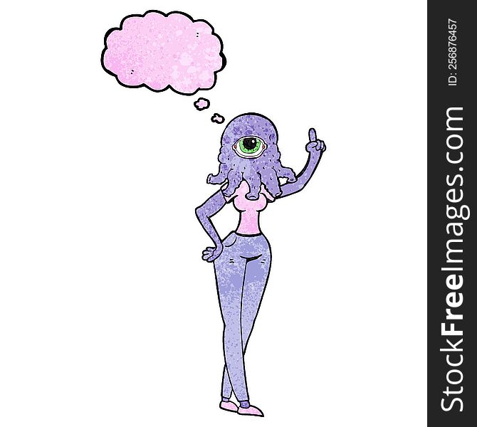freehand drawn thought bubble textured cartoon female alien with raised hand