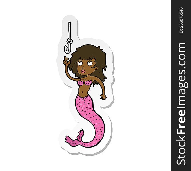 sticker of a cartoon mermaid and fish hook