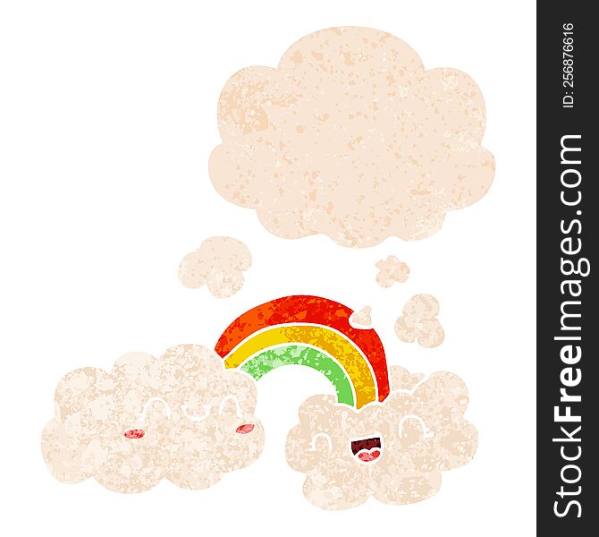 Happy Cartoon Clouds And Rainbow And Thought Bubble In Retro Textured Style