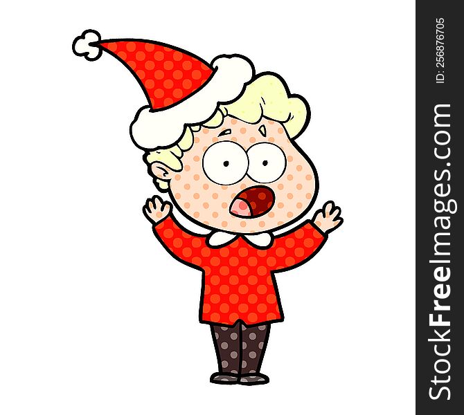 hand drawn comic book style illustration of a man gasping in surprise wearing santa hat