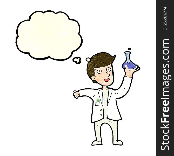cartoon happy scientist with thought bubble