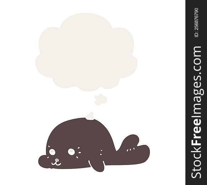 cartoon baby seal with thought bubble in retro style