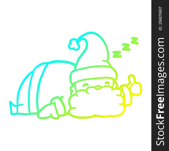 cold gradient line drawing of a sleepy santa giving thumbs up symbol