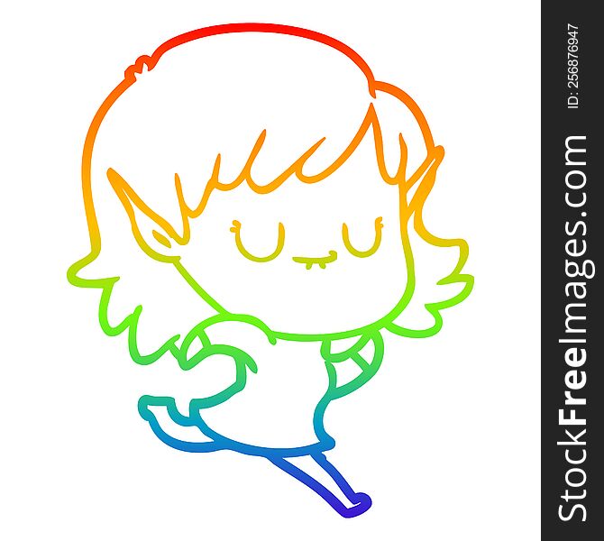 rainbow gradient line drawing of a happy cartoon elf girl running