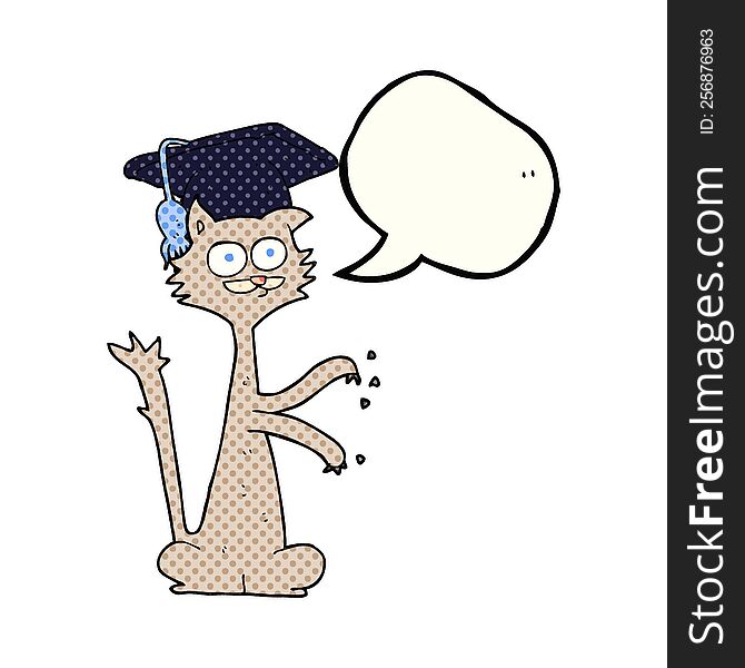 freehand drawn comic book speech bubble cartoon cat scratching with graduation cap. freehand drawn comic book speech bubble cartoon cat scratching with graduation cap