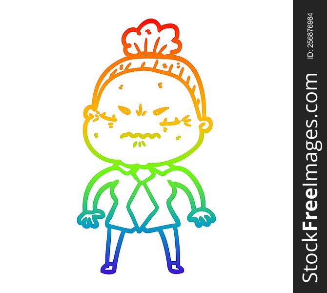 rainbow gradient line drawing of a cartoon annoyed old lady