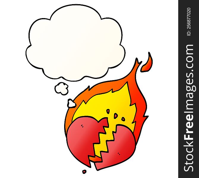 cartoon flaming heart with thought bubble in smooth gradient style