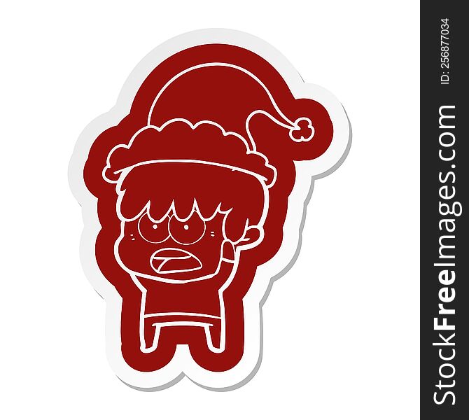 worried quirky cartoon  sticker of a boy wearing santa hat